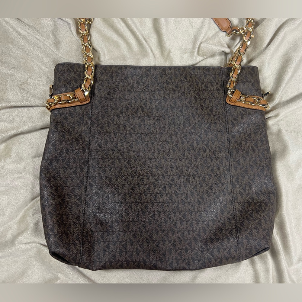 Michael Kors Brown Signature Logo Tote Gold Chain Shoulder Bag - Picture 3 of 11